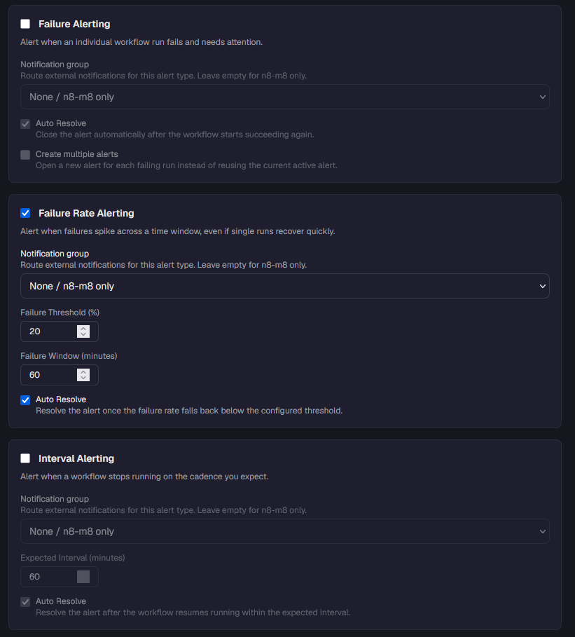 n8-m8 alerting configuration for failed runs, failure rate thresholds, interval monitoring, and auto-resolve settings.