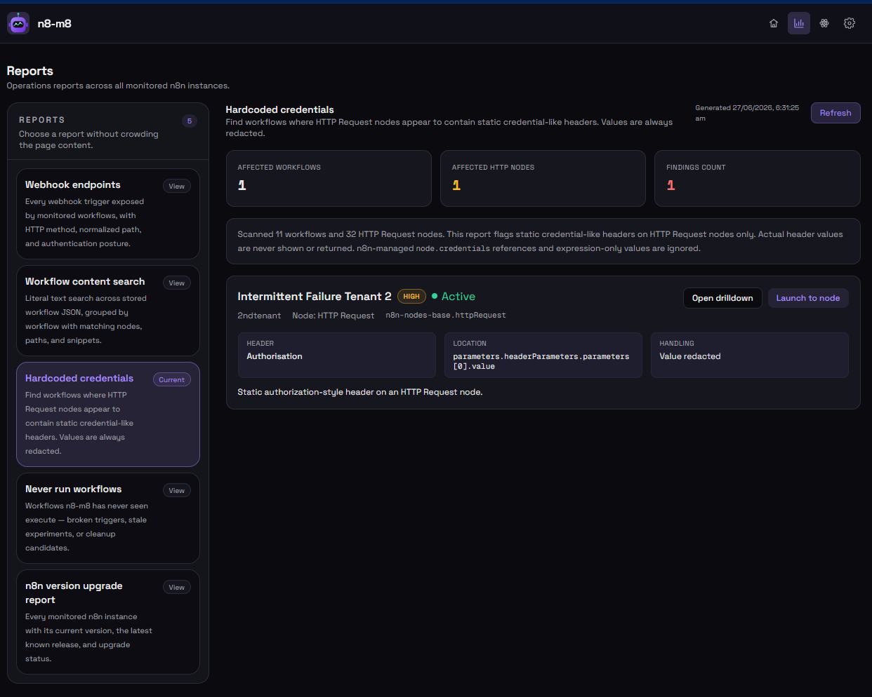 n8-m8 reports screen showing hardcoded credential findings with affected workflow and HTTP node counts.