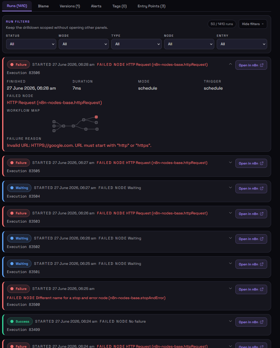n8-m8 run explorer listing failed, waiting, and successful runs with filters and workflow map previews.